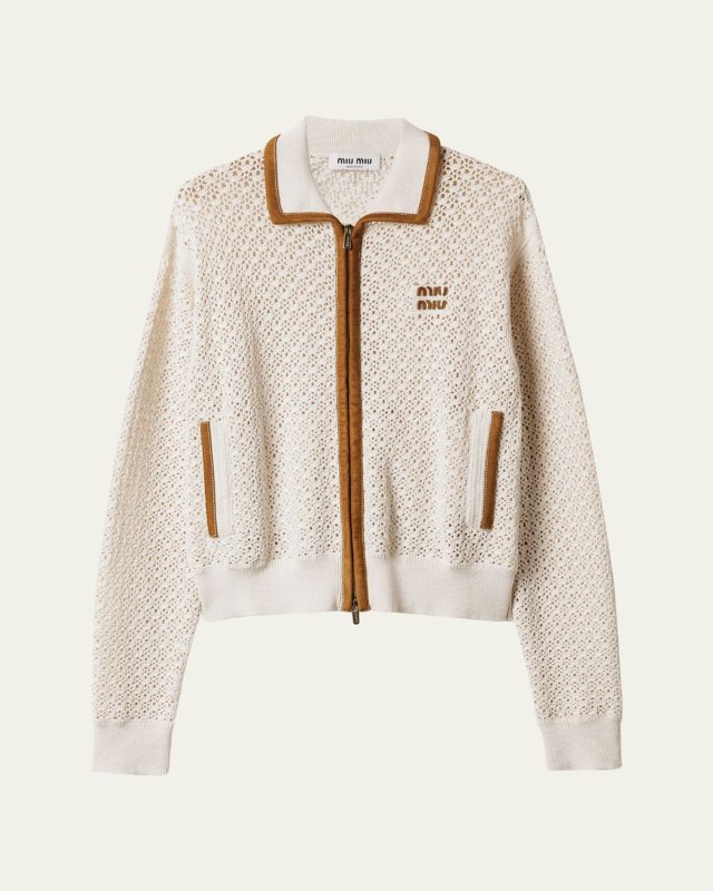 Suede-Trim Cotton Crochet Pelle Zip Cardigan
